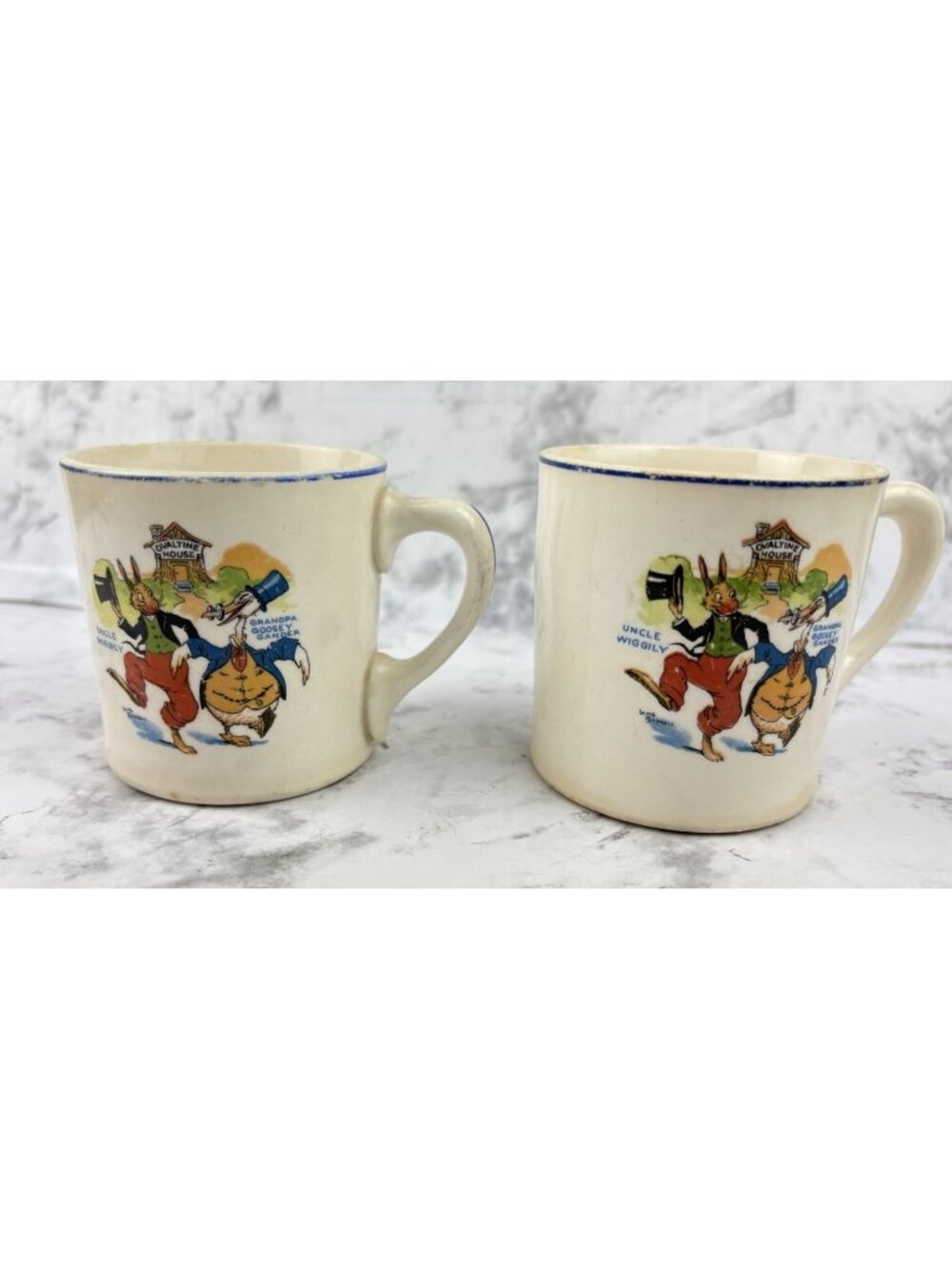 2-UNCLE WIGGLY - GRANDPA GOOSEY GANDER Ceramic Cups Mug Ovaltine Sebring Pottery